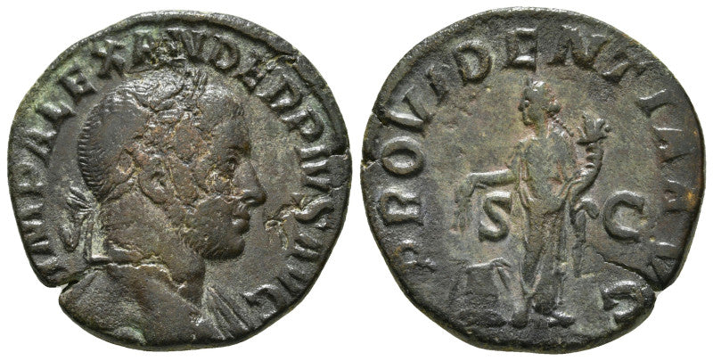Two sides of a Roman coin with profiles of Severus Alexander and providentia on reverse