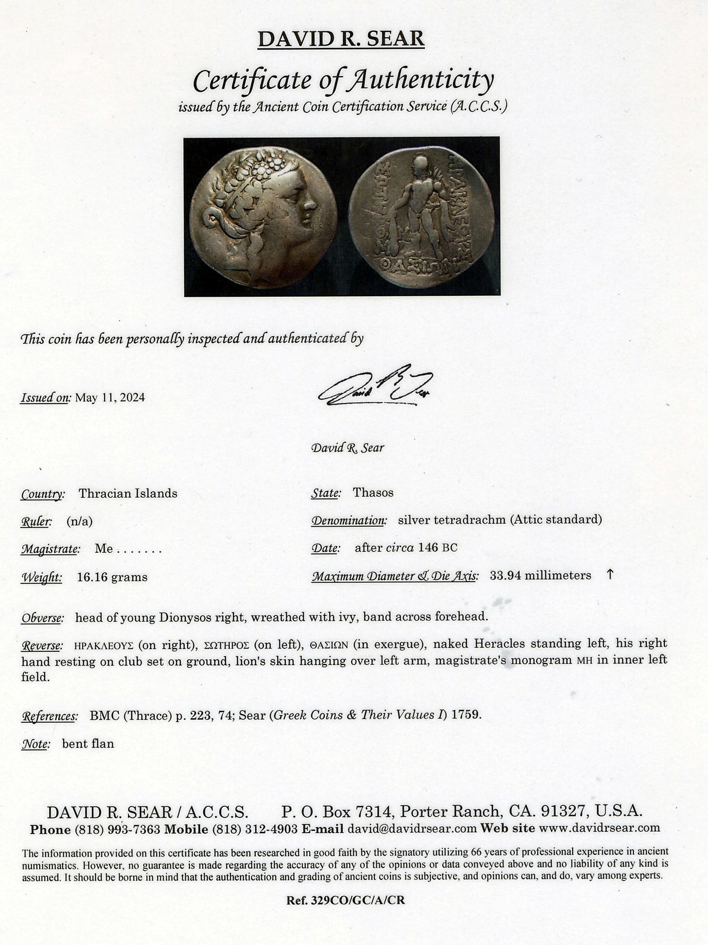 Certificate of Authenticity for a Thracian Dionysus silver tetradrachm coin, signed by David R. Sear.