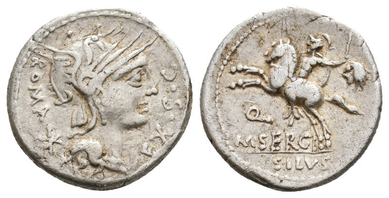 Two sides of a silver Roman coin with a profile of a Roma and an warrior on horseback