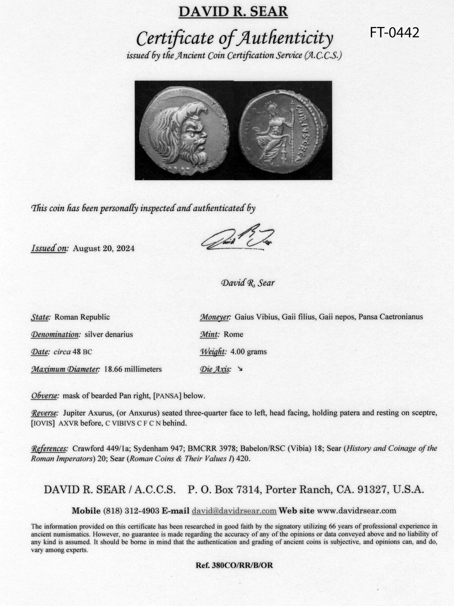 Certificate of Authenticity for a Roman Republic silver denarius coin, featuring detailed information and signature.