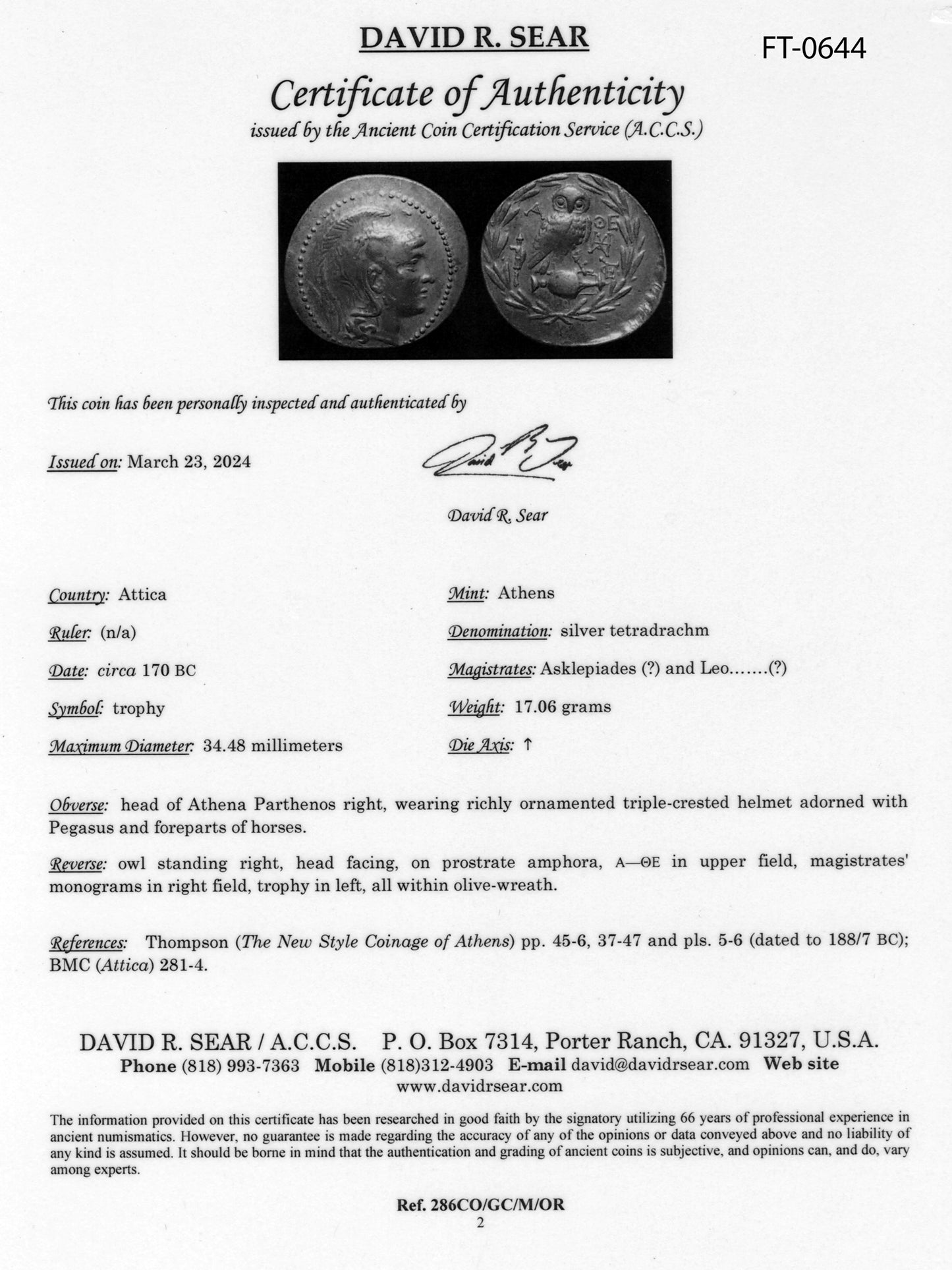 Certificate of Authenticity for an ancient Athena tetradrachm coin with images of front and back of coin at the top.