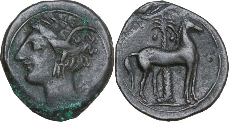 front and backside of ancient greek bronze coin with Tanit and horse