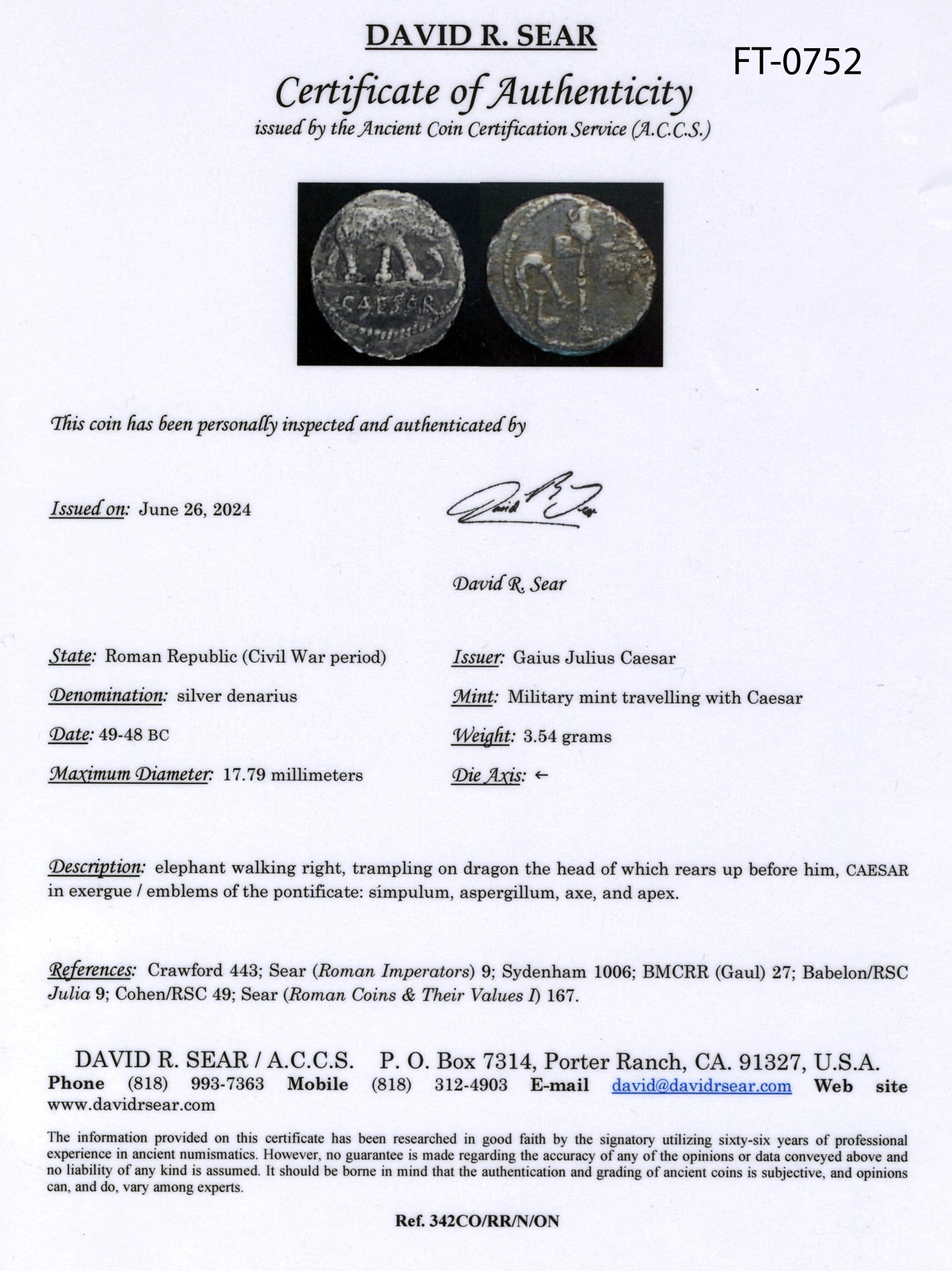 certificate for julius caesar ancient coin