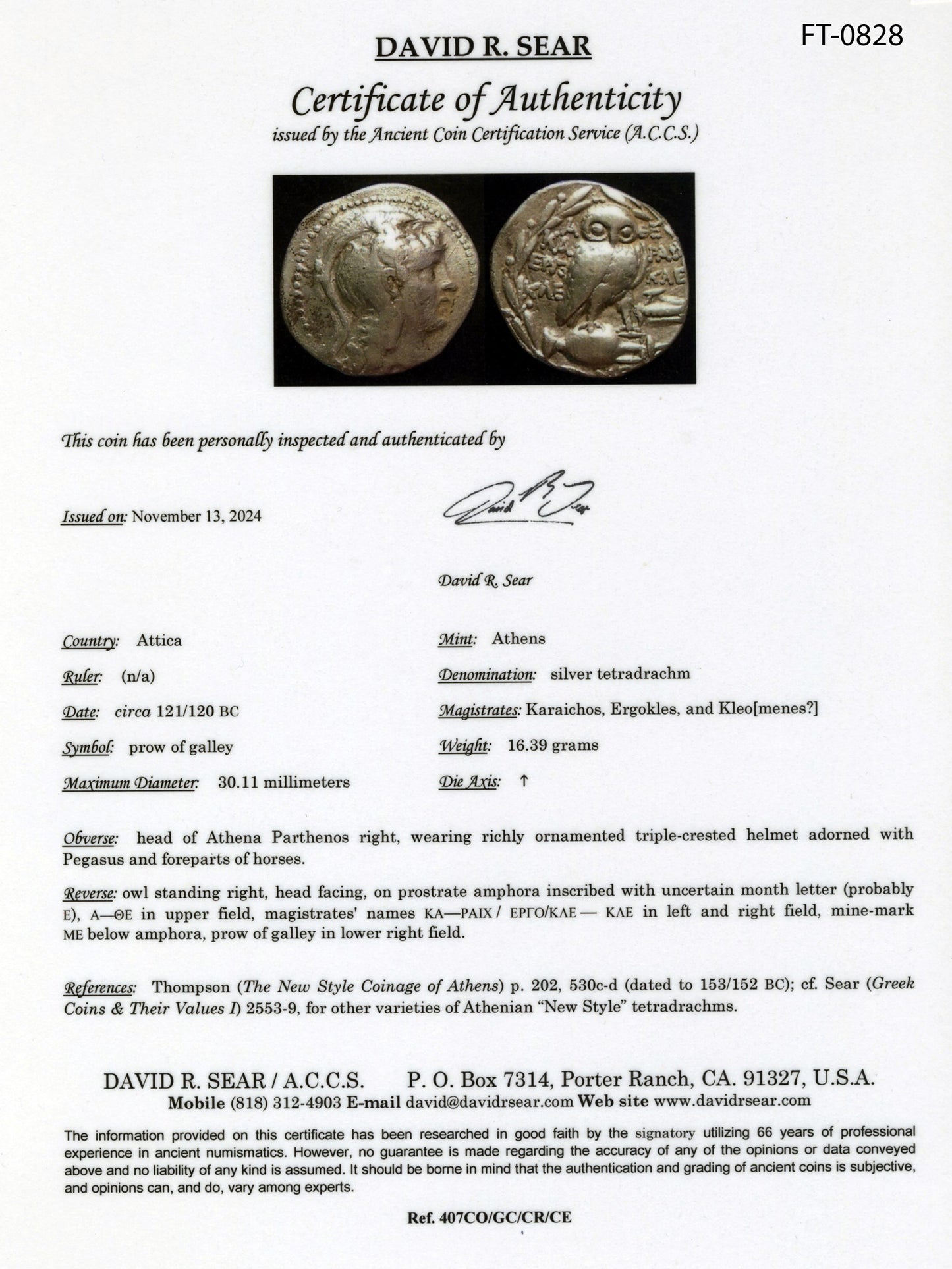 Attica. Athens, circa 121-120 BC.
Tetradrachm AR. New Style Coinage, Athena/Owl