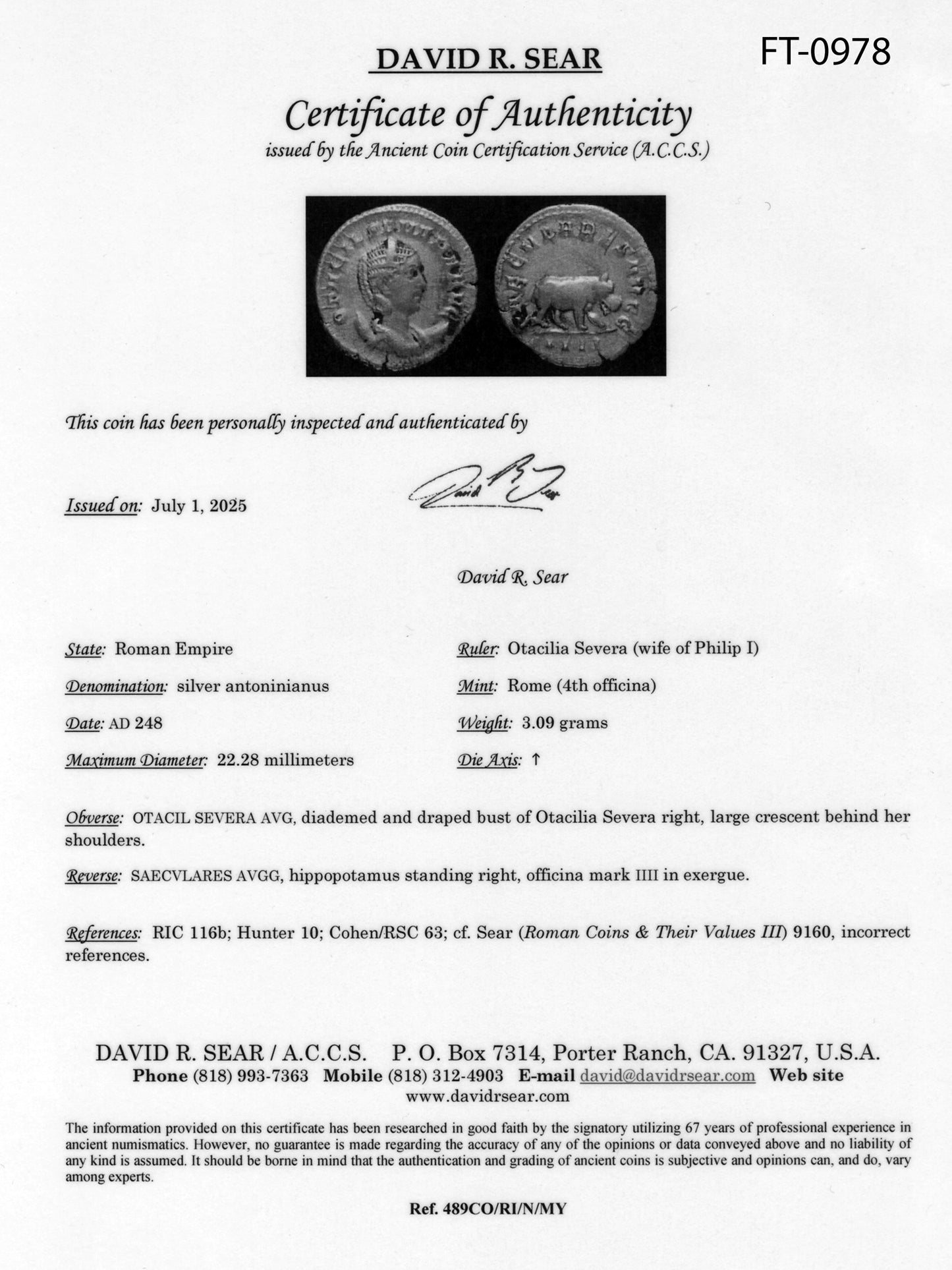 Certificate of Authenticity for a Roman Empire silver antoninianus coin of Otacilla Severa, issued by David R. Sear.