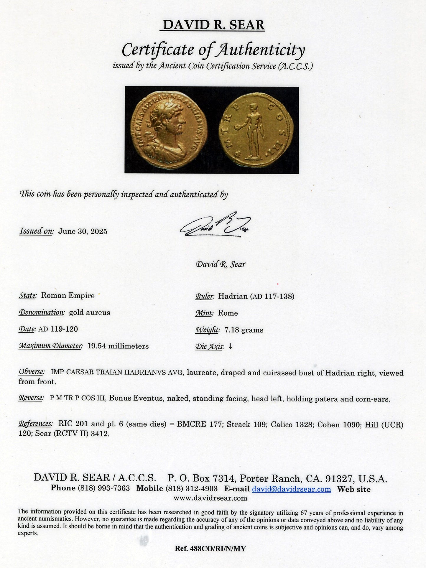 certificate by David R. Sear for Gold aureus coin of Emperor Hadrian