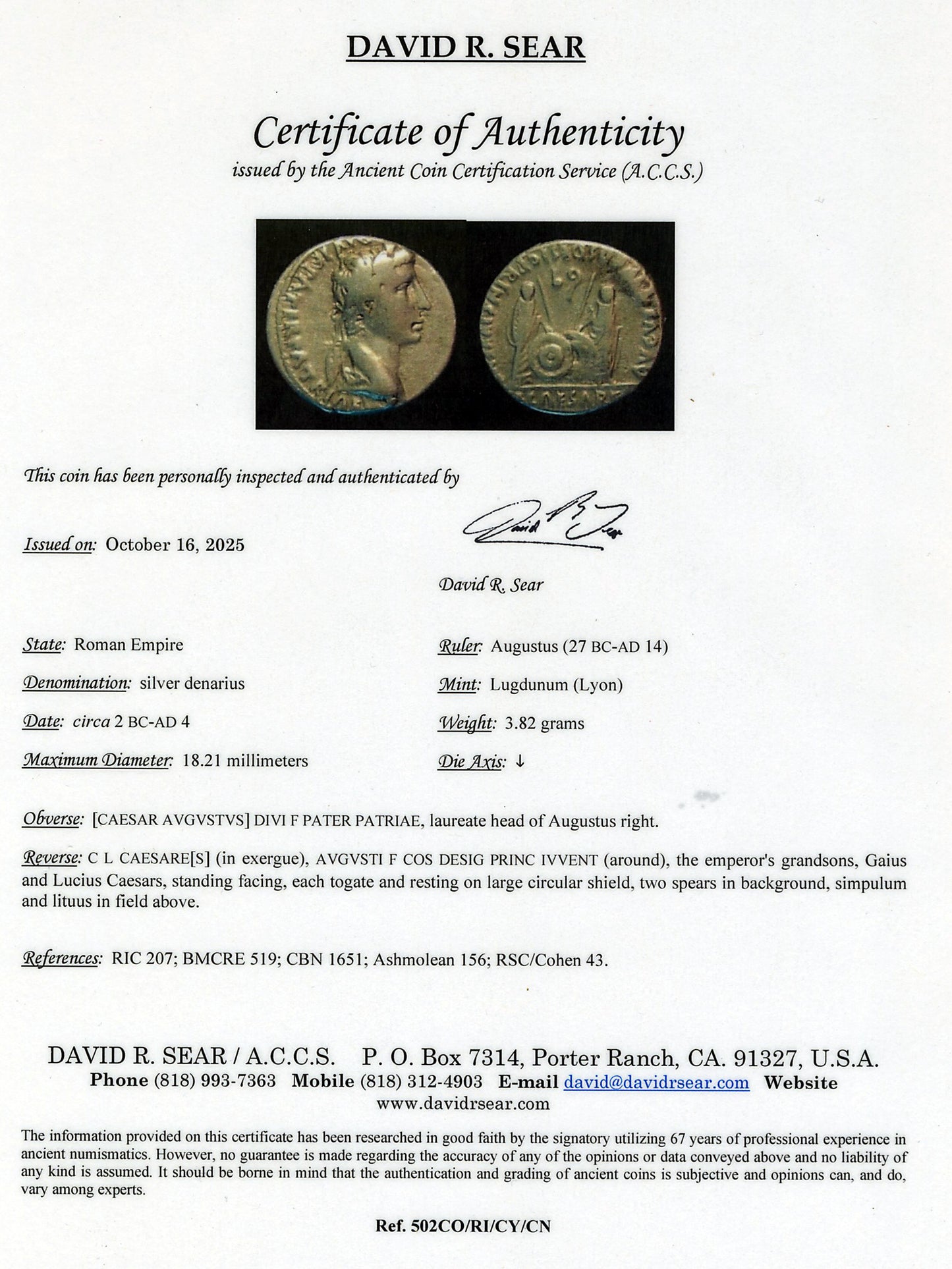 Augustus, Silver Denarius, 27 BC - 14 AD (17.28mm, 3.82gr)