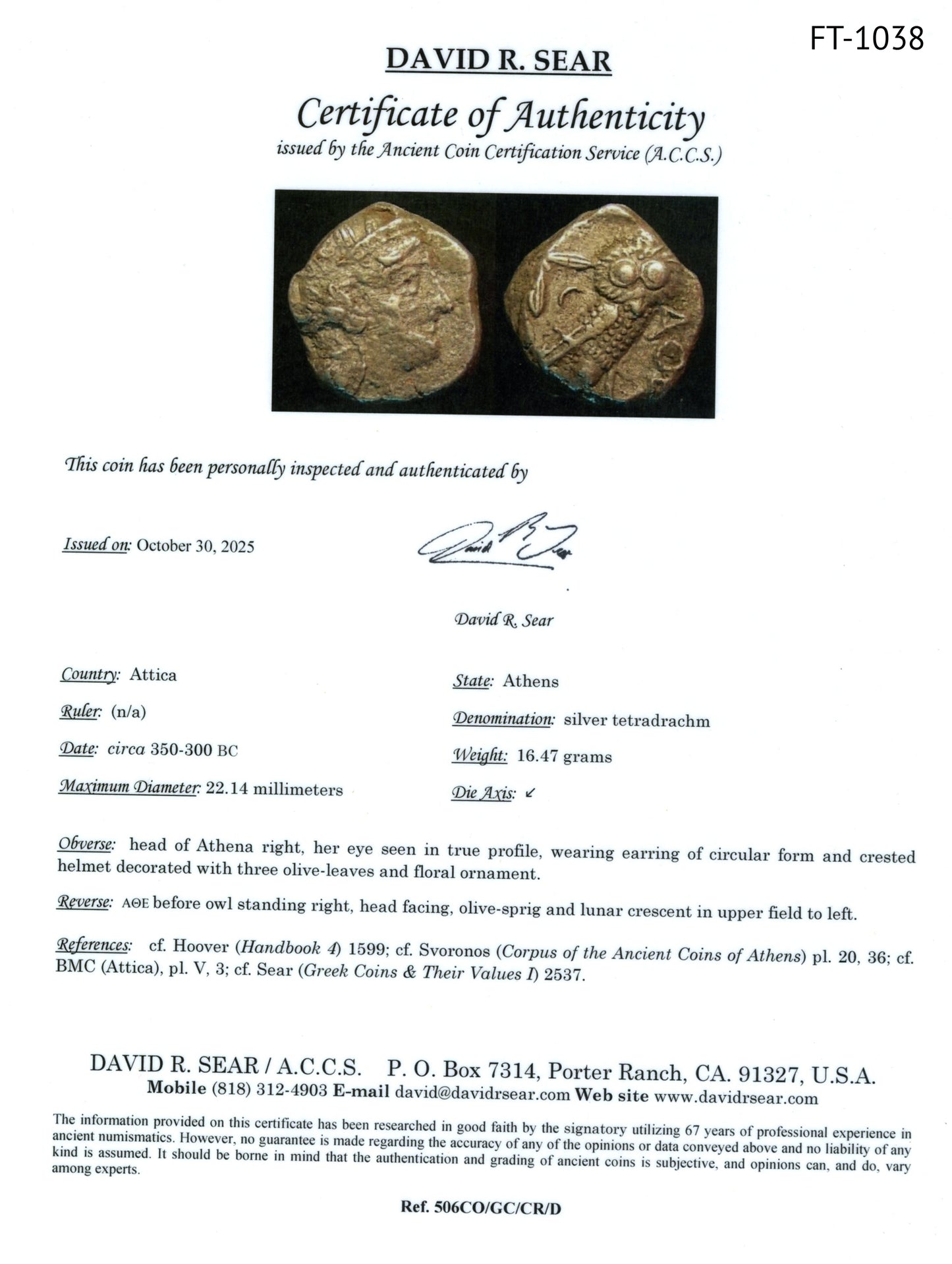 FT-1038-SEAR certificate of authenticity for ancient greek coin athens silver tetradrachm 350-300BC Athena/owl