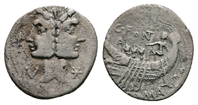 front and back of ancient roman coin with Laureate Janiform head of Dioscuri on one side and Galley on other