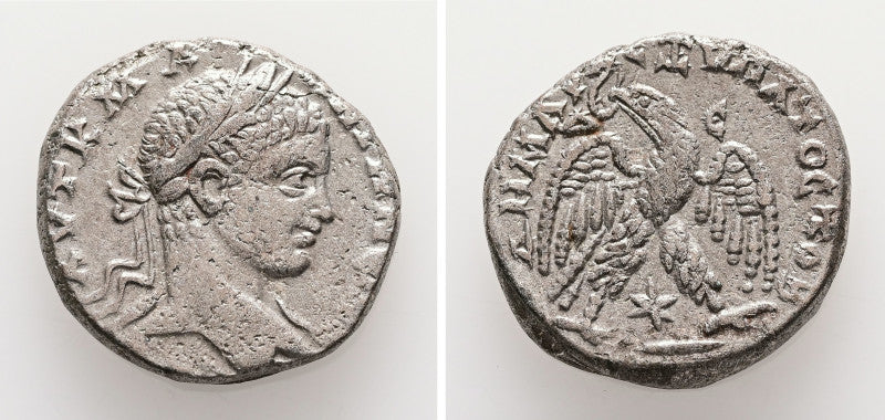 Two sides of a Roman silver coin with a profile of Elagabalus and an eagle.