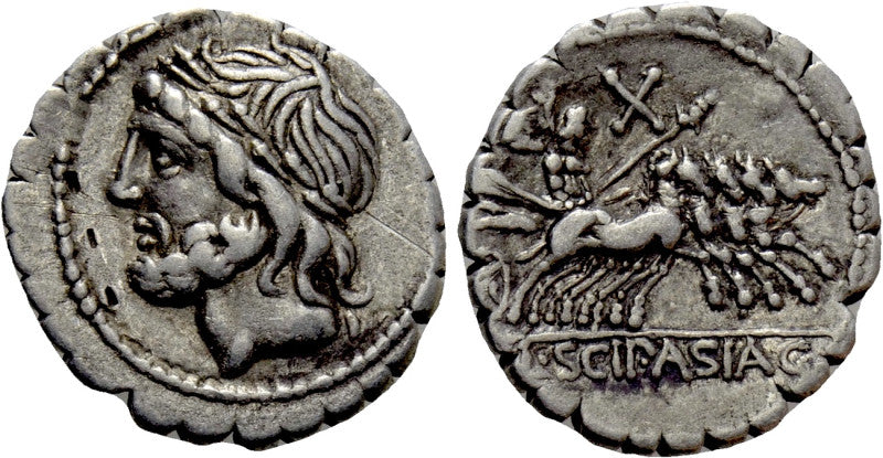 Two sides of an ancient roman republic coin with a profile of Jupiter and a chariot of horses 