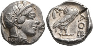 front and back of Ancient Greek silver new style tetradrachm Athena owl coin circa 425-415 BC
