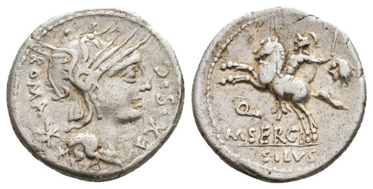 Two sides of a silver Roman coin with a profile of a Roma and an warrior on horseback
