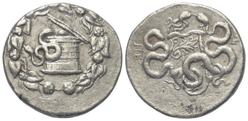 front and back of ancient greek coin of cista mystika and serpents
