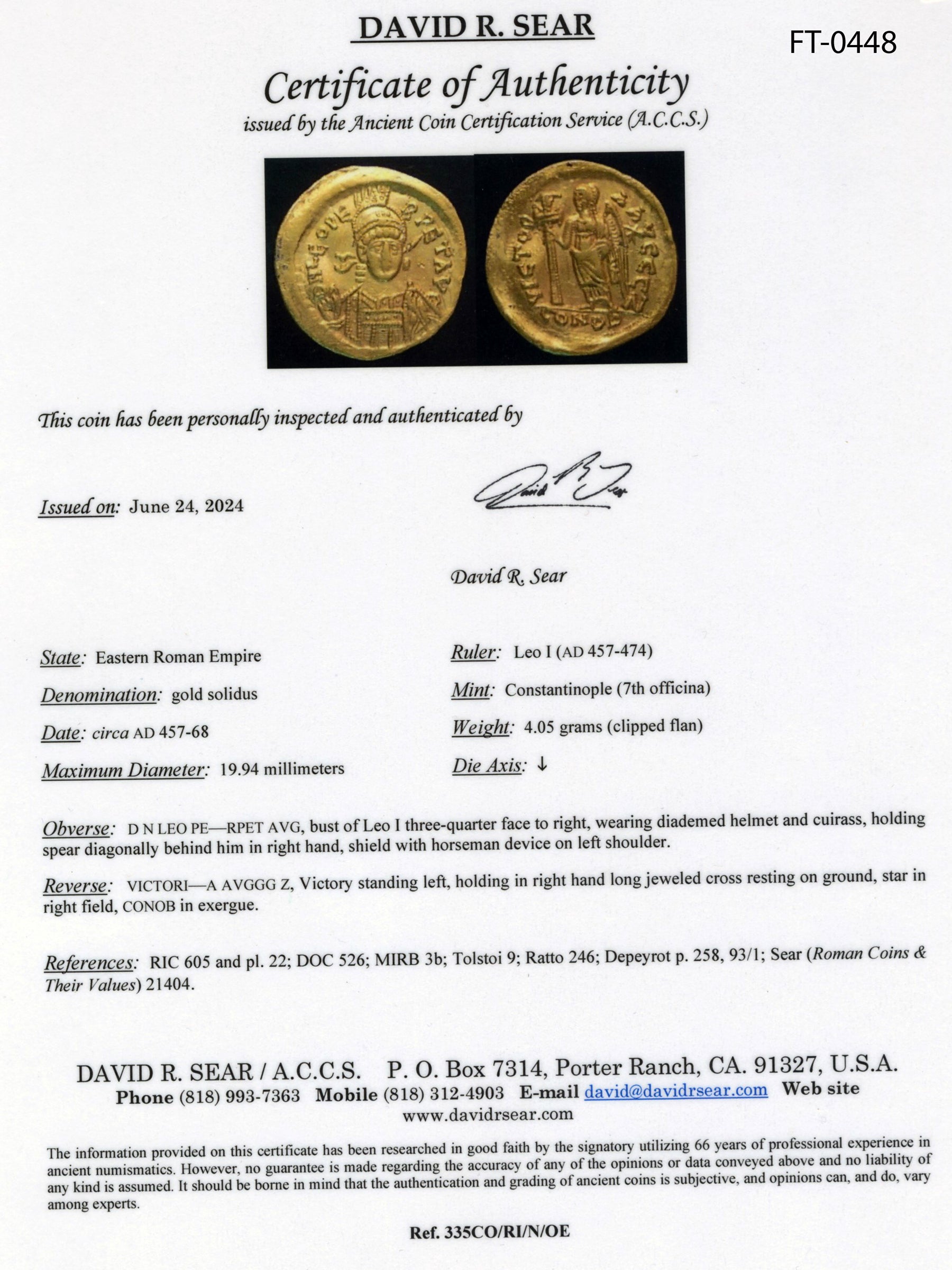 Certificate of Authenticity for a  ancient gold Solidus byzantine coin with portrait of Leo I circa 457-474 Constantinople mint signed by david r sear