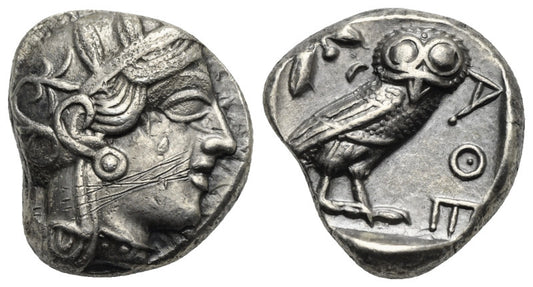 front and back of ancient silver coin with Athena and owl AOE