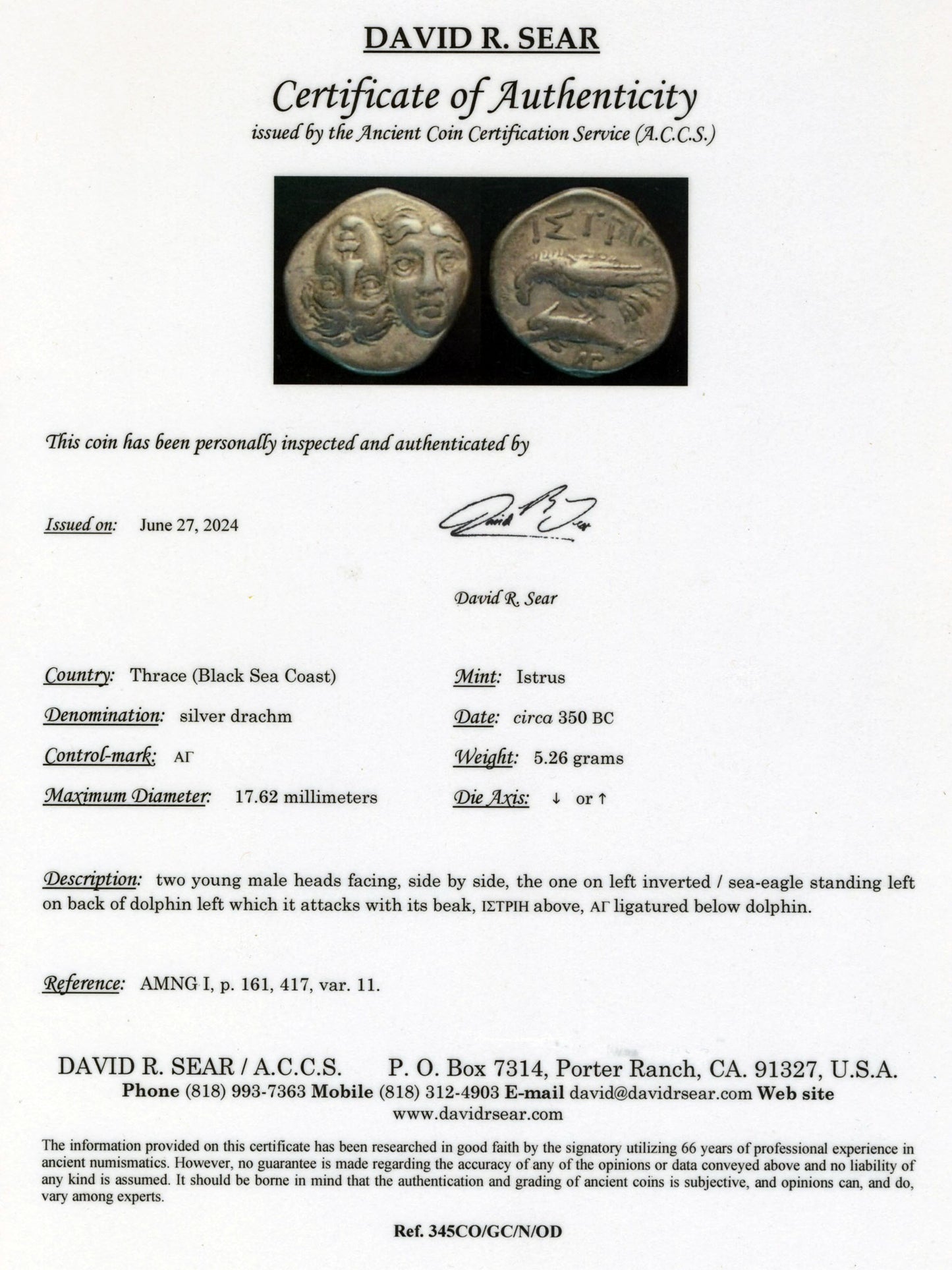 Certificate of Authenticity for a silver Istrus drachm coin with two images of the coin on a white background.