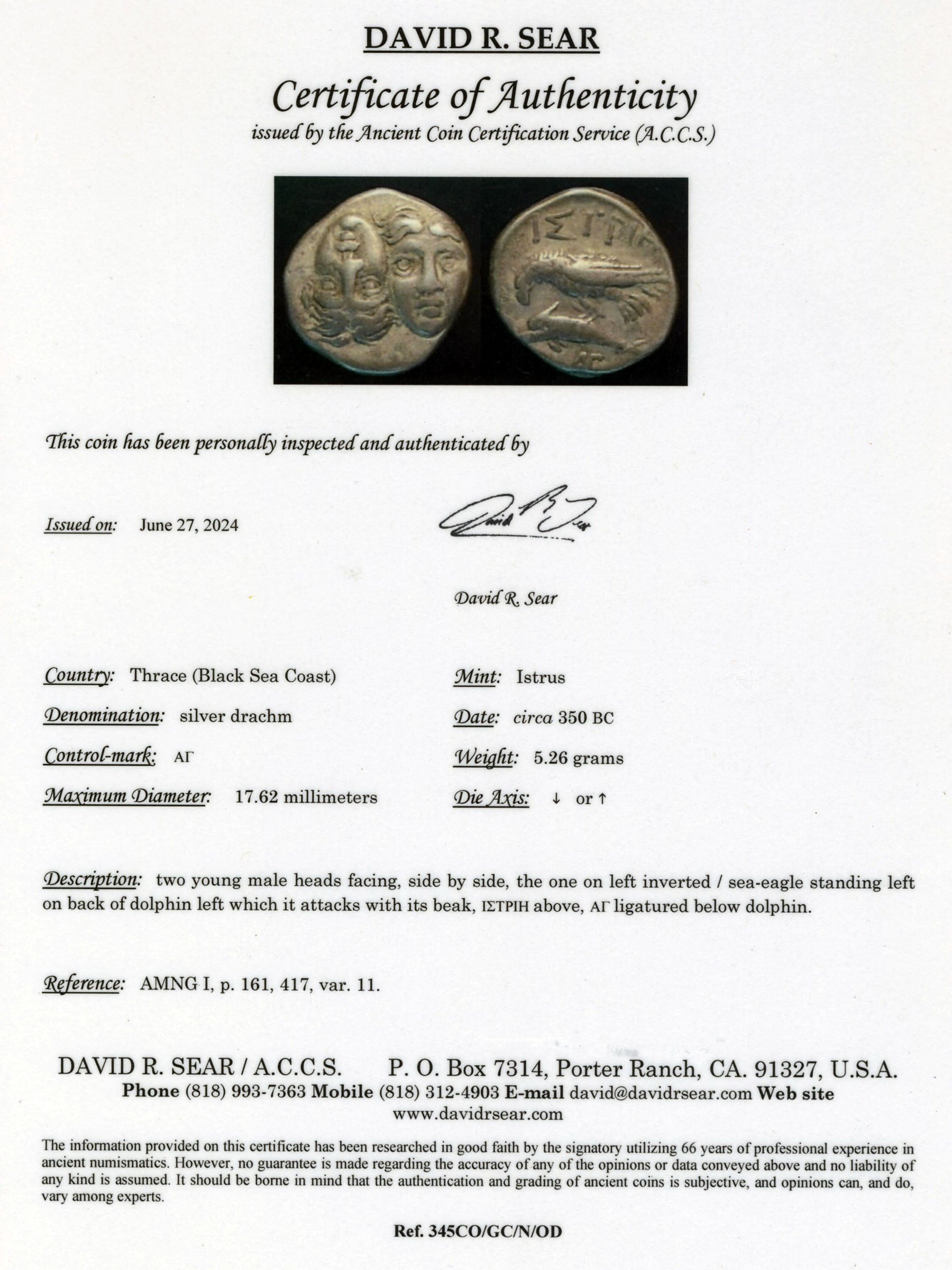 Certificate of Authenticity for a silver Istrus drachm coin with two images of the coin on a white background.