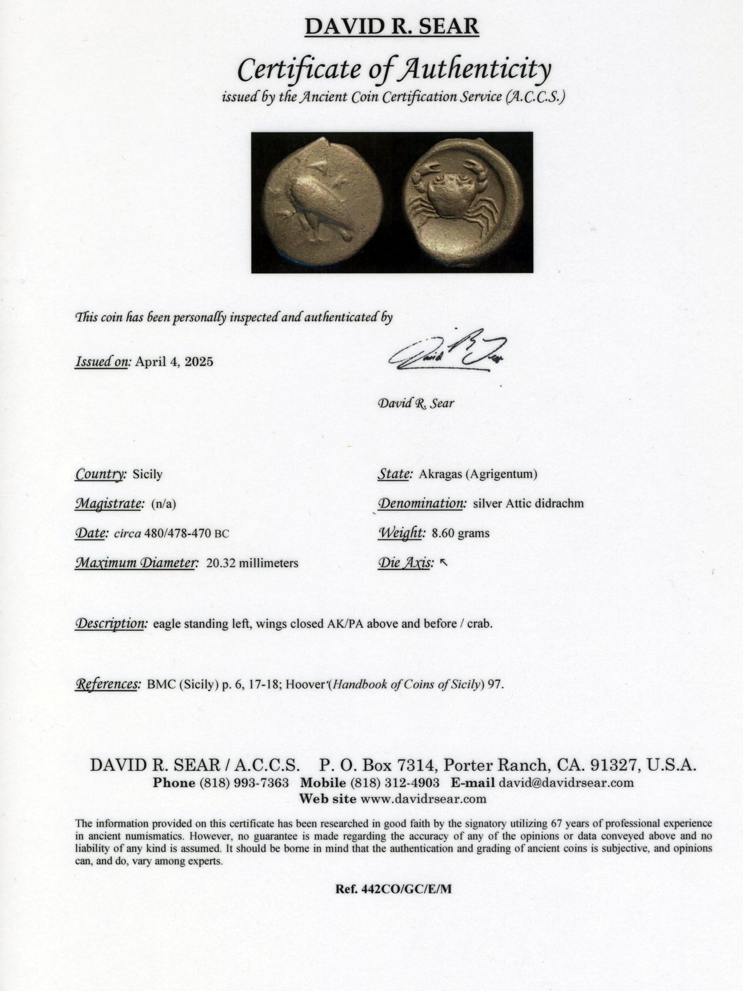 Certificate of Authenticity for ancient crab coin from sicily with inspection details and signature.