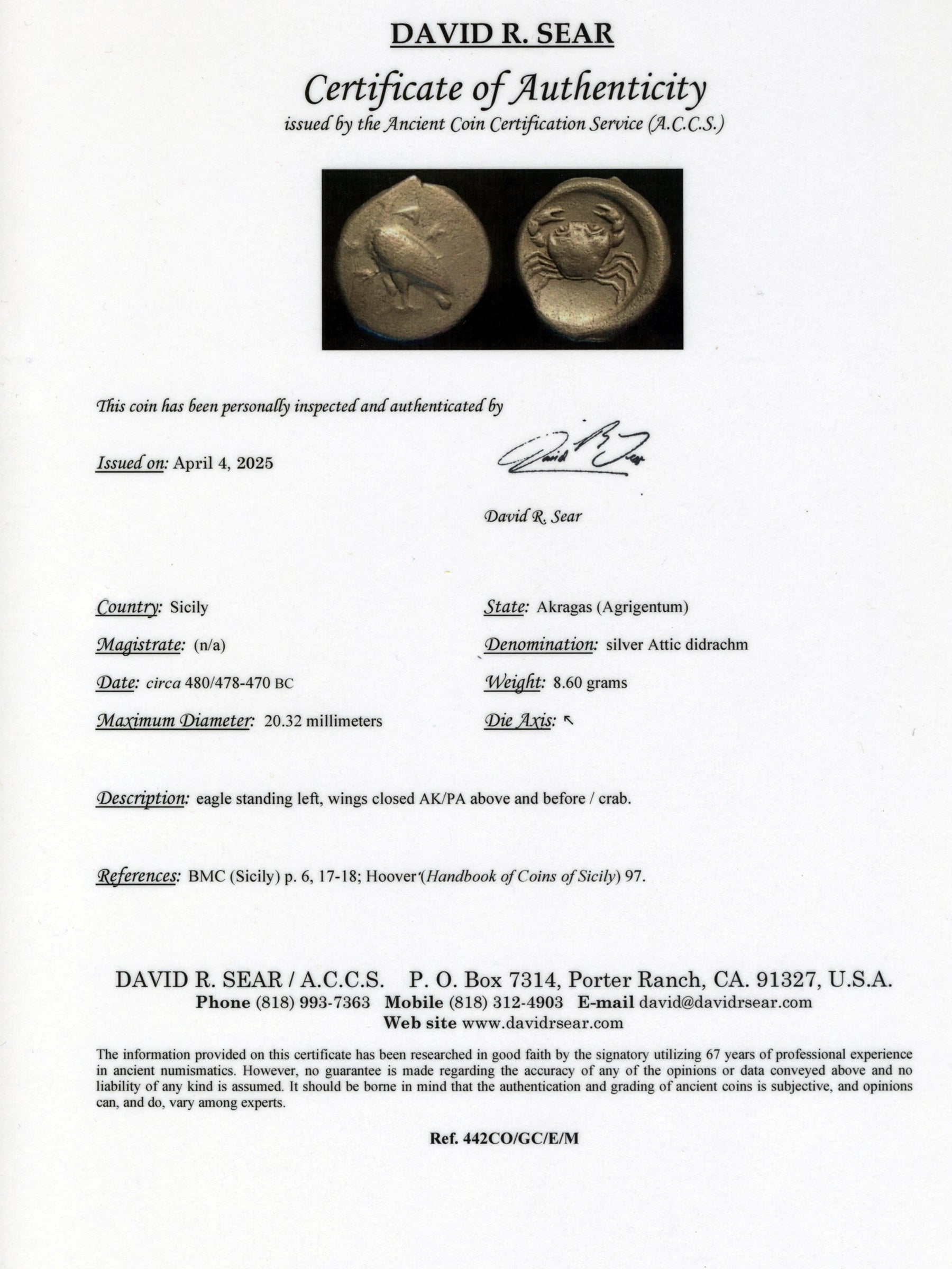 Certificate of Authenticity for ancient crab coin from sicily with inspection details and signature.