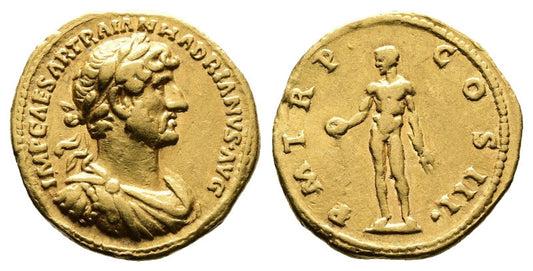 Front and back of gold coin with Roman emperor Hadrian's profile and a statue on a white background