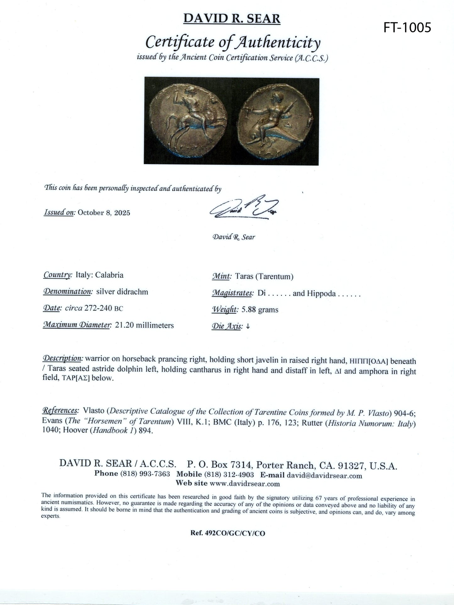 Certificate of Authenticity for ancient silver coin of Taras with a signature and text on a white background