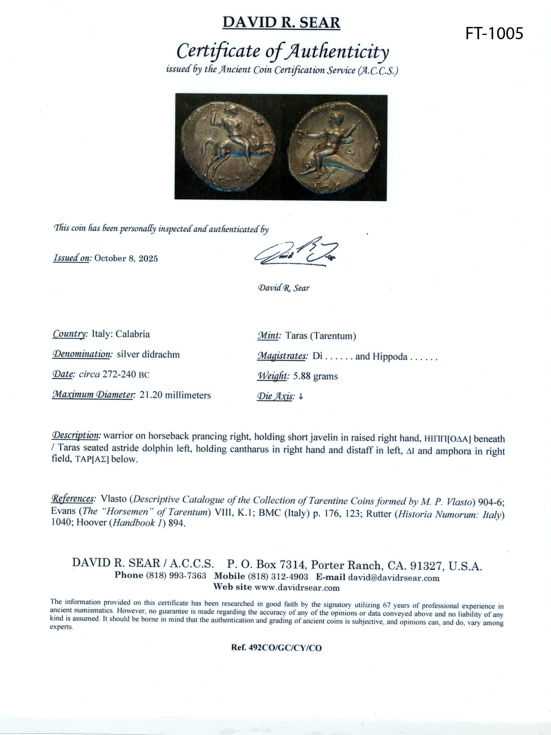 Certificate of Authenticity for ancient silver coin of Taras with a signature and text on a white background