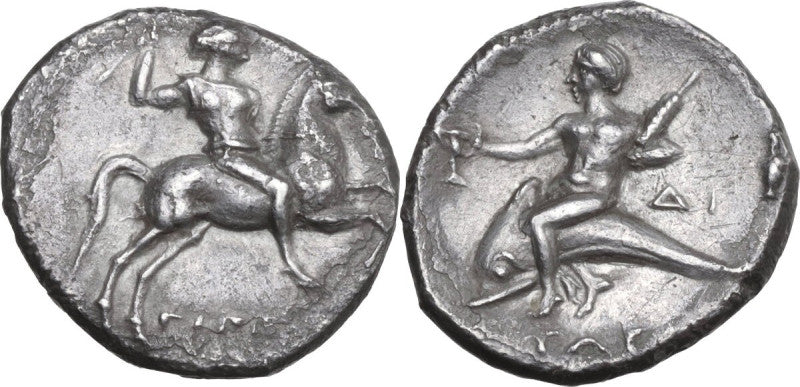 two sides pf ancient  coin Calabria boy on dolphin, and warrior on horseback