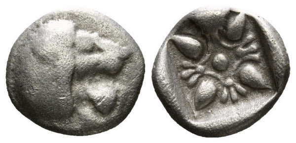 ancient greek coin from IONIA Miletos Obol or Hemihekte Late 6th-early 5th centuries BC with Head of lion right, Stellate pattern within incuse square