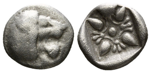 ancient greek coin from IONIA Miletos Obol or Hemihekte Late 6th-early 5th centuries BC with Head of lion right, Stellate pattern within incuse square