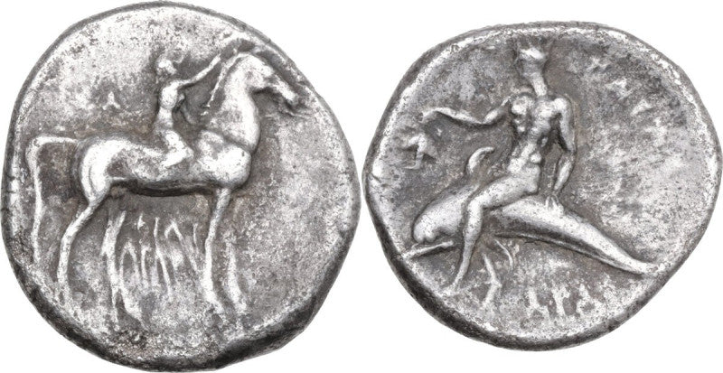 front and reverse of coin with taras on dolphin and boy on horseback tarenteum