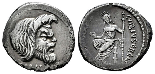 front and back of a ancient roman republic coin vibius, pan and jupiter