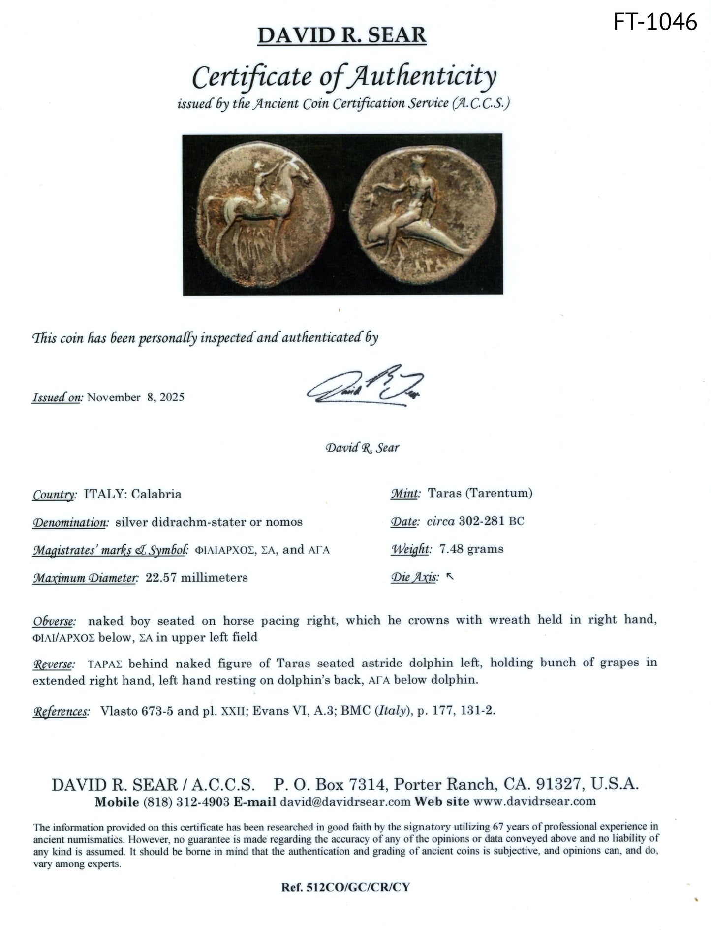 Certificate of Authenticity for a silver didrachm-stater coin with  image of boy on horseback on front and  Taras on dolphin on back of the coin 